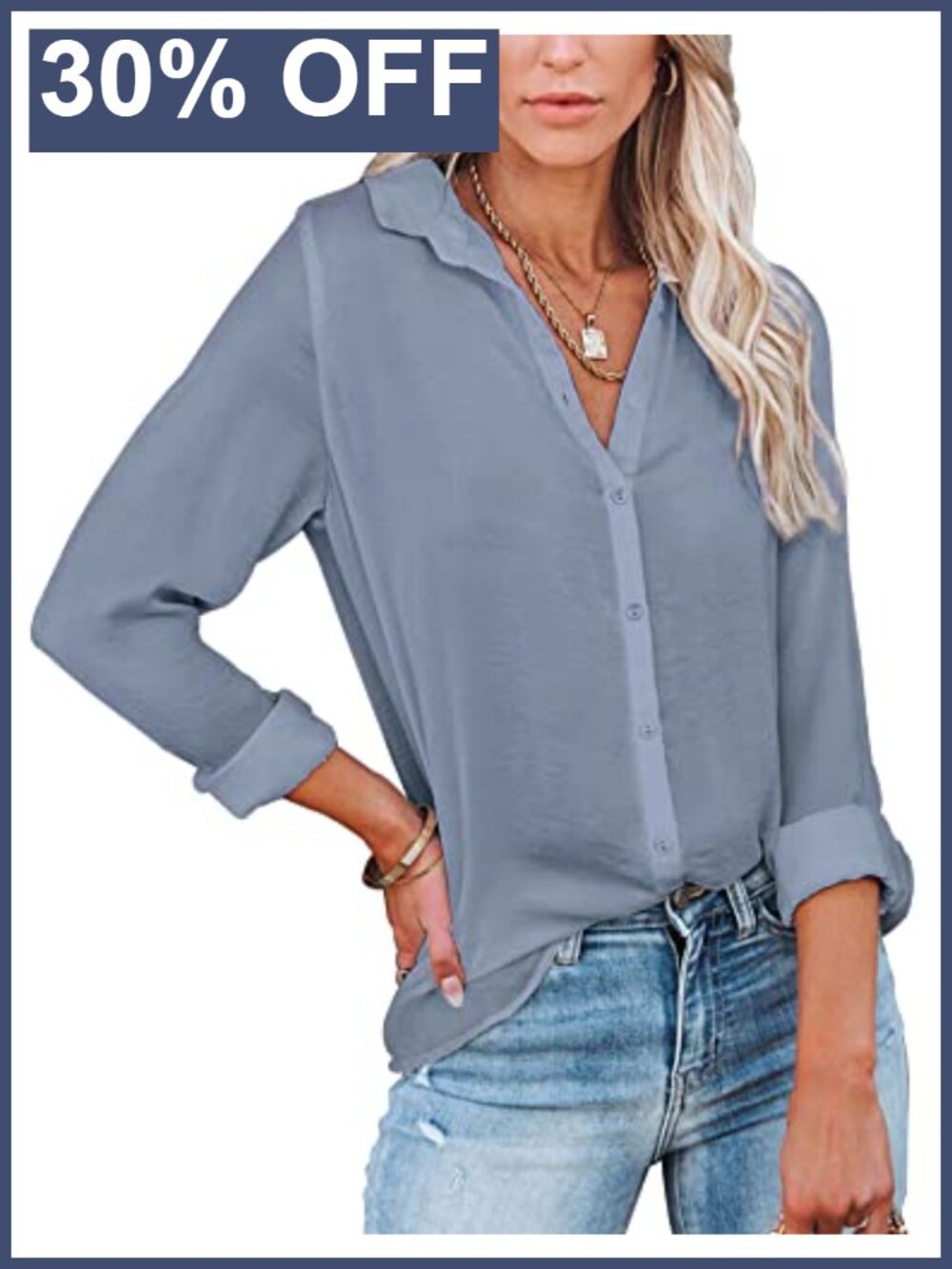 Womens Button Down V Neck Shirt Long Sleeve Office Casual Blouse Top